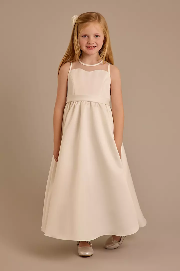Satin A-Line Dress with Illusion Neckline | David's Bridal Satin A-Line Dress with Illusion Neckline | David's Bridal